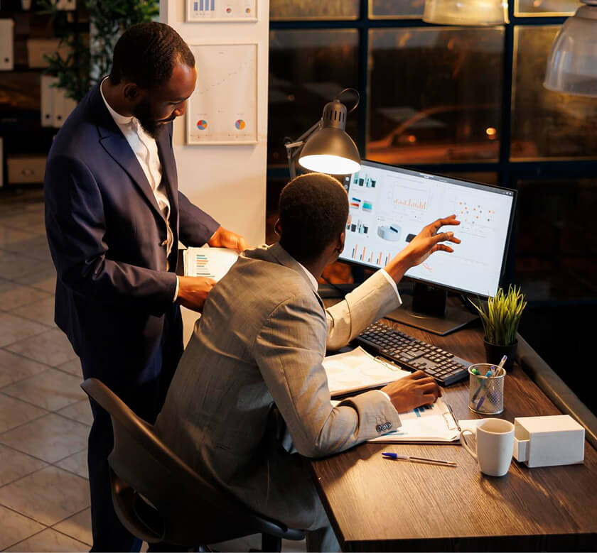 Team collaborating on data analysis in an office