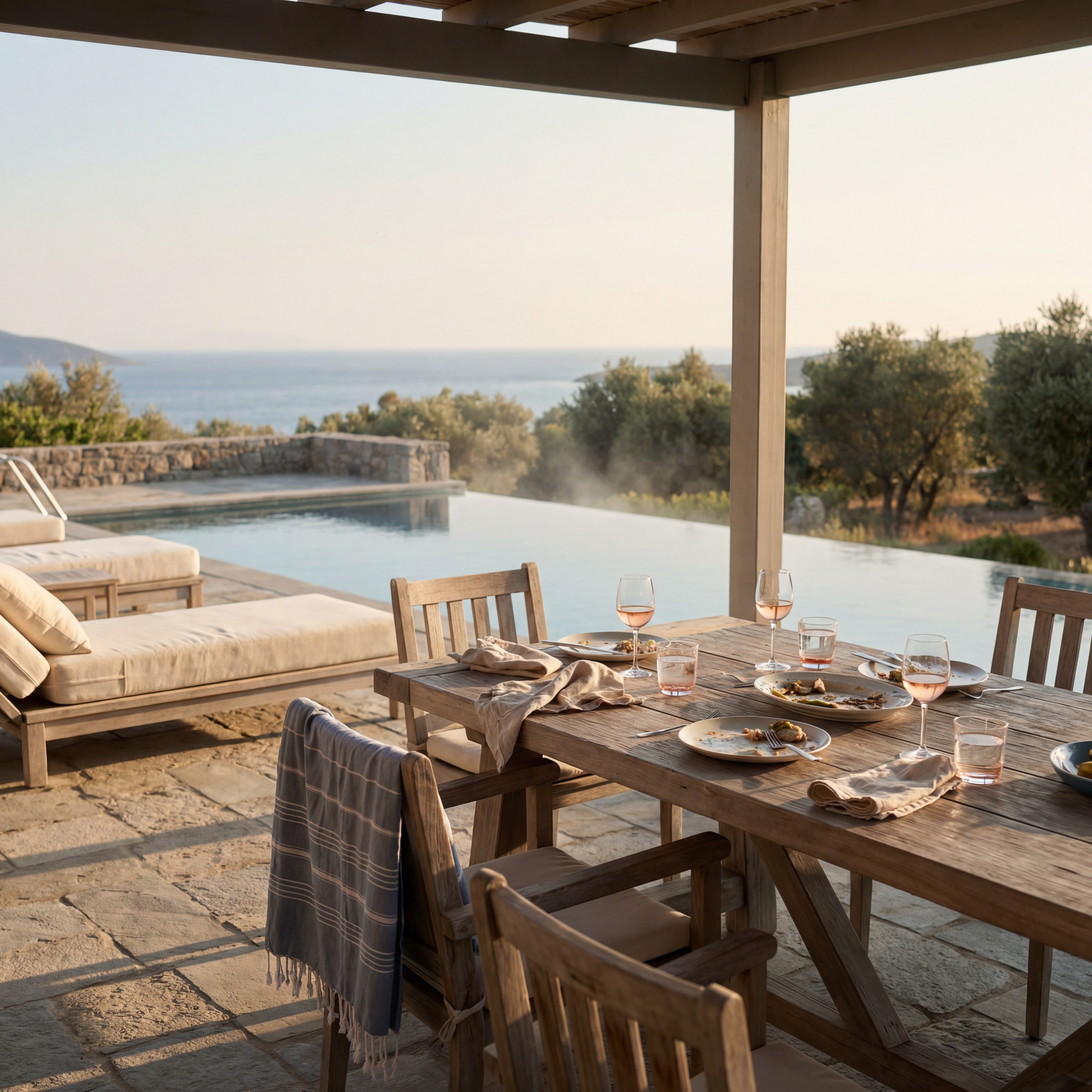 Private villa terrace in Bodrum with infinity pool and sea view dining setup