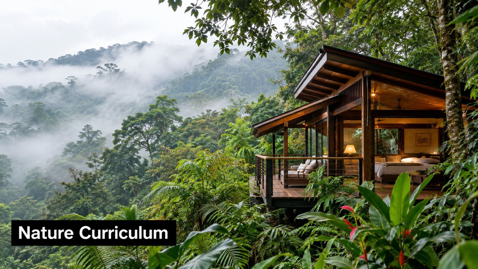 A luxurious wooden cabin nestled in a lush, foggy rainforest, offering a peaceful and secluded retreat.