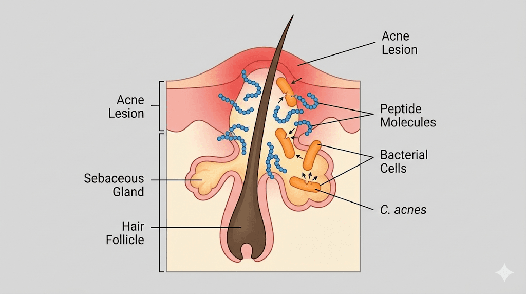 peptide molecules fighting acne bacteria in hair follicle cross-section