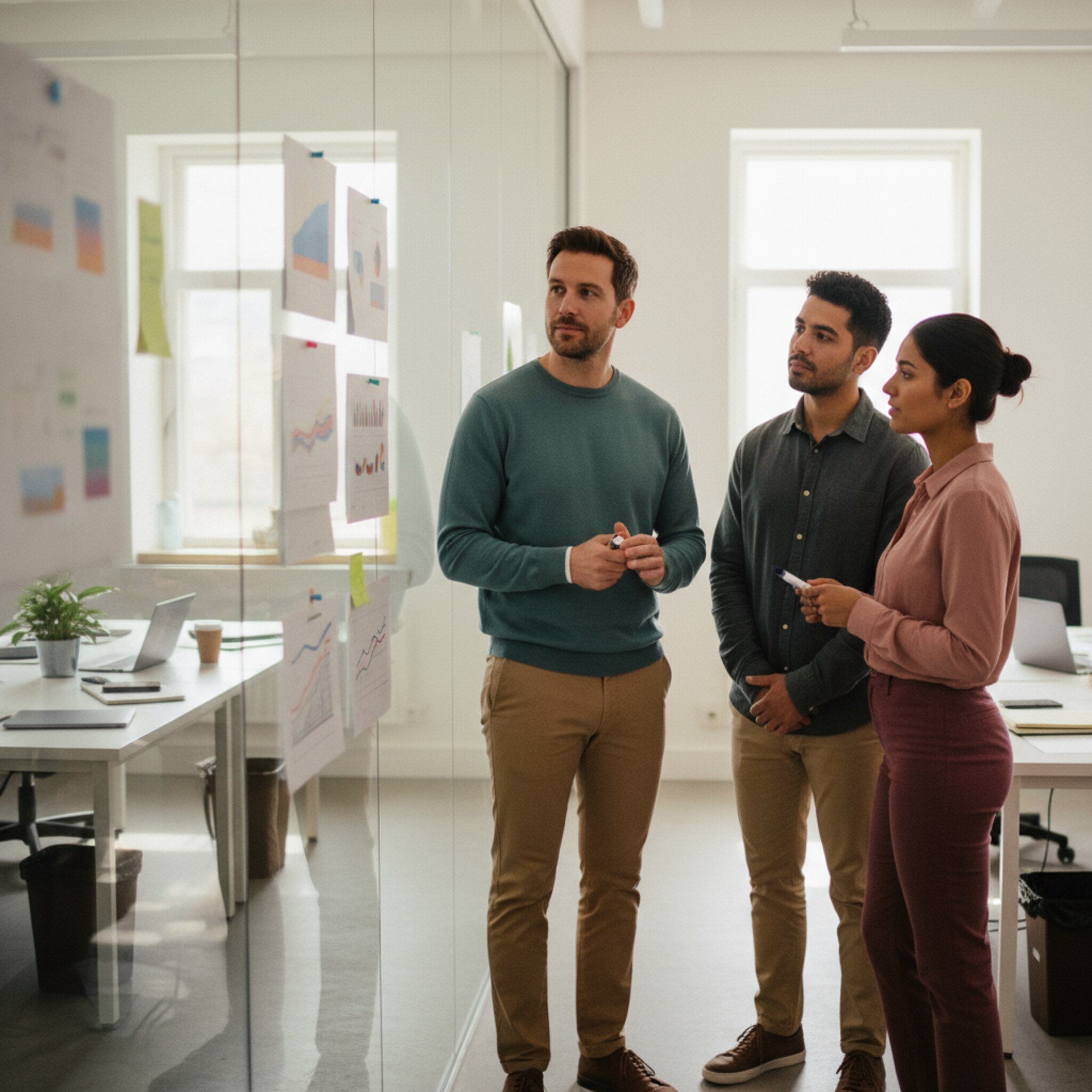 Ein Teamleiter steht an einer Glaswand mit aufgepinnten Diagrammen und wärmt einen Marker zwischen den Händen. Zwei Kolleginnen vergleichen farbige Kurven und nicken. Nebenan blickt man auf ruhig belegte Schreibtische. Die Szene vermittelt Überblick und fundierte Entscheidungen.