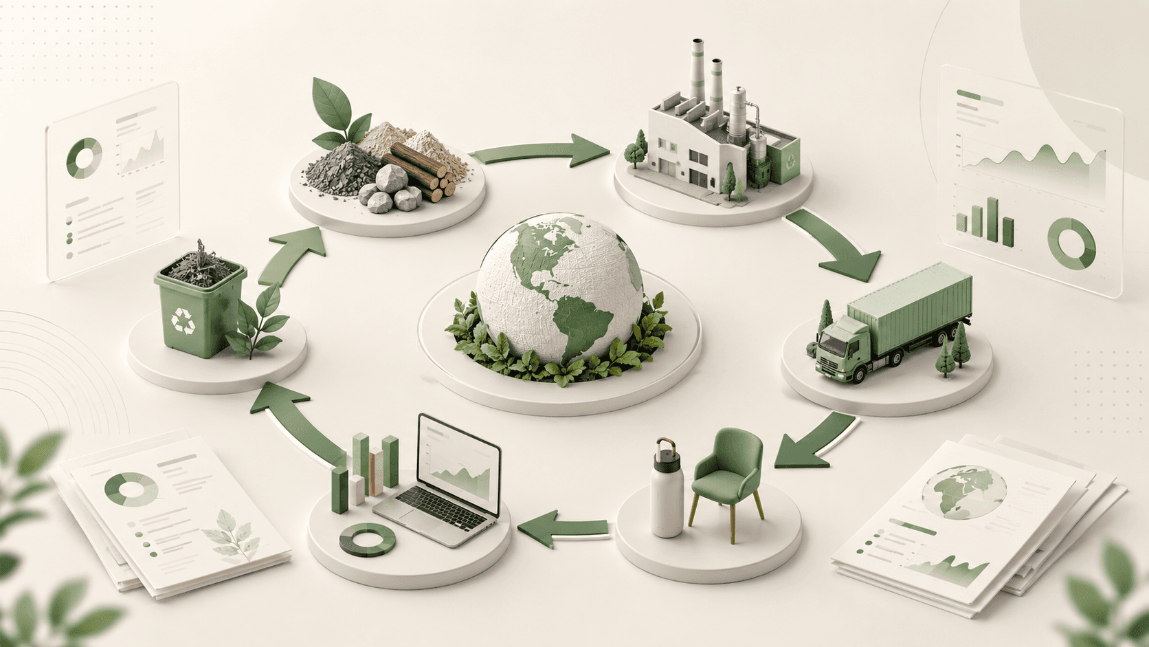 Cover image for an article about LCA, showing a circular product life cycle with raw materials, production, transport, use, end of life and environmental analysis dashboards in Metrikflow style.