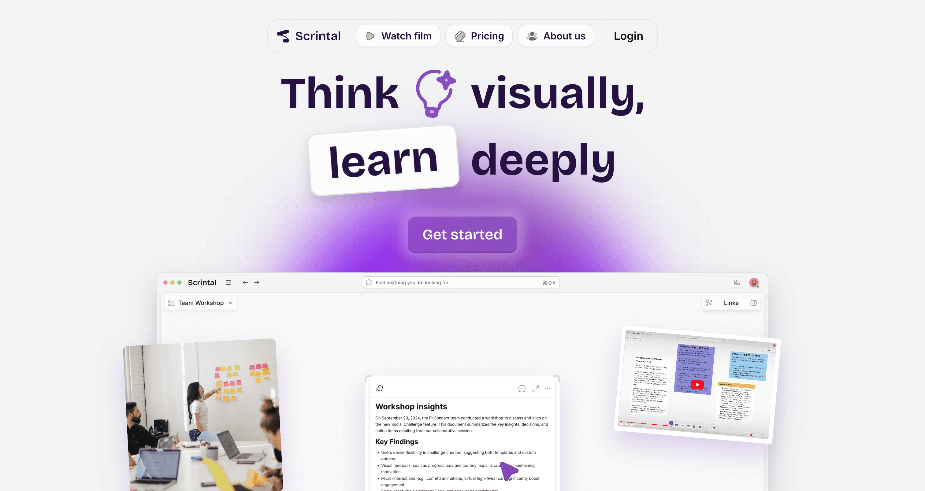 Scrintal homepage showing a visual thinking and learning workspace.