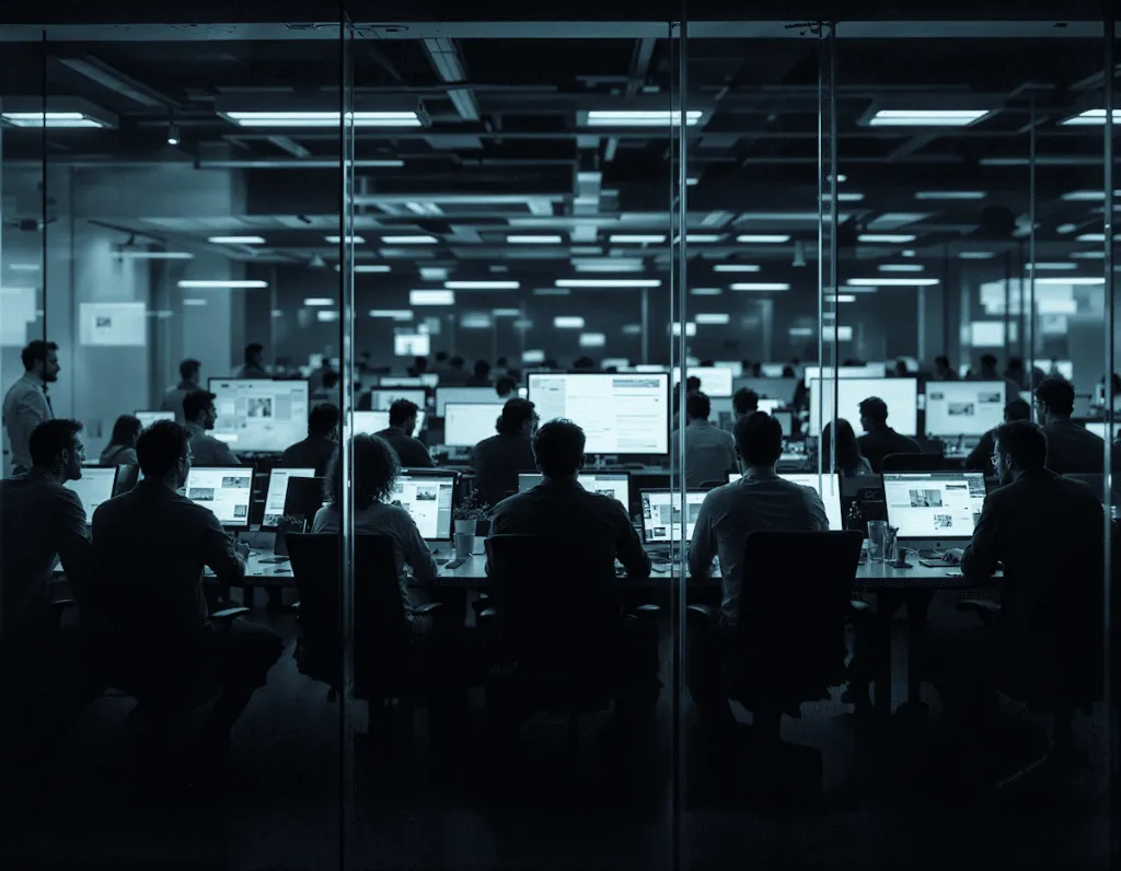 Office workers sitting at desks in front of computers.