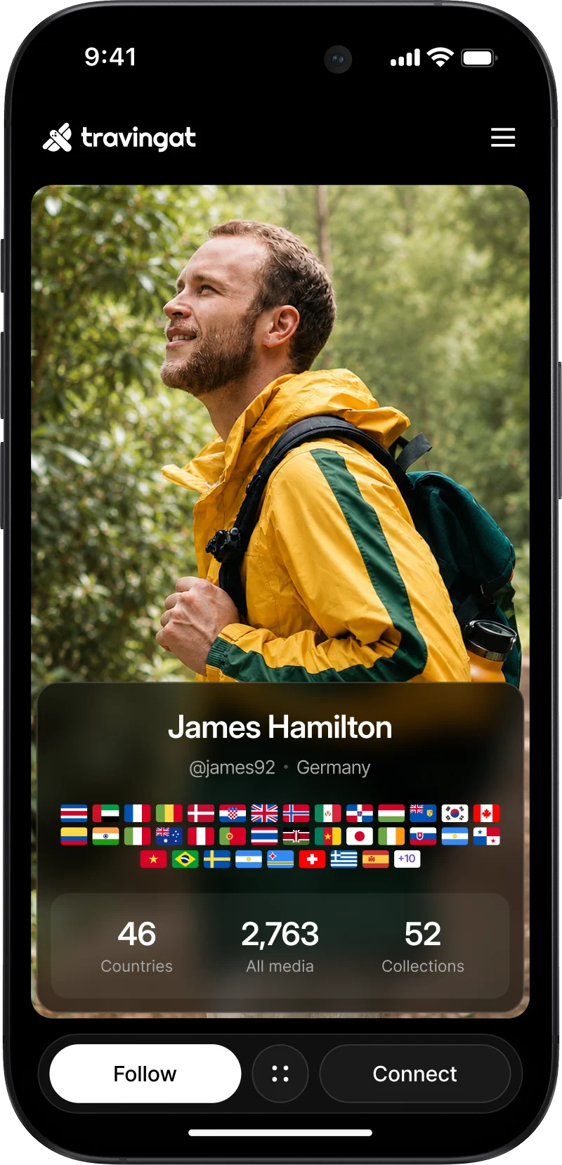 Public travel profile displaying visited countries, travel photos, collections, and explorer statistics.