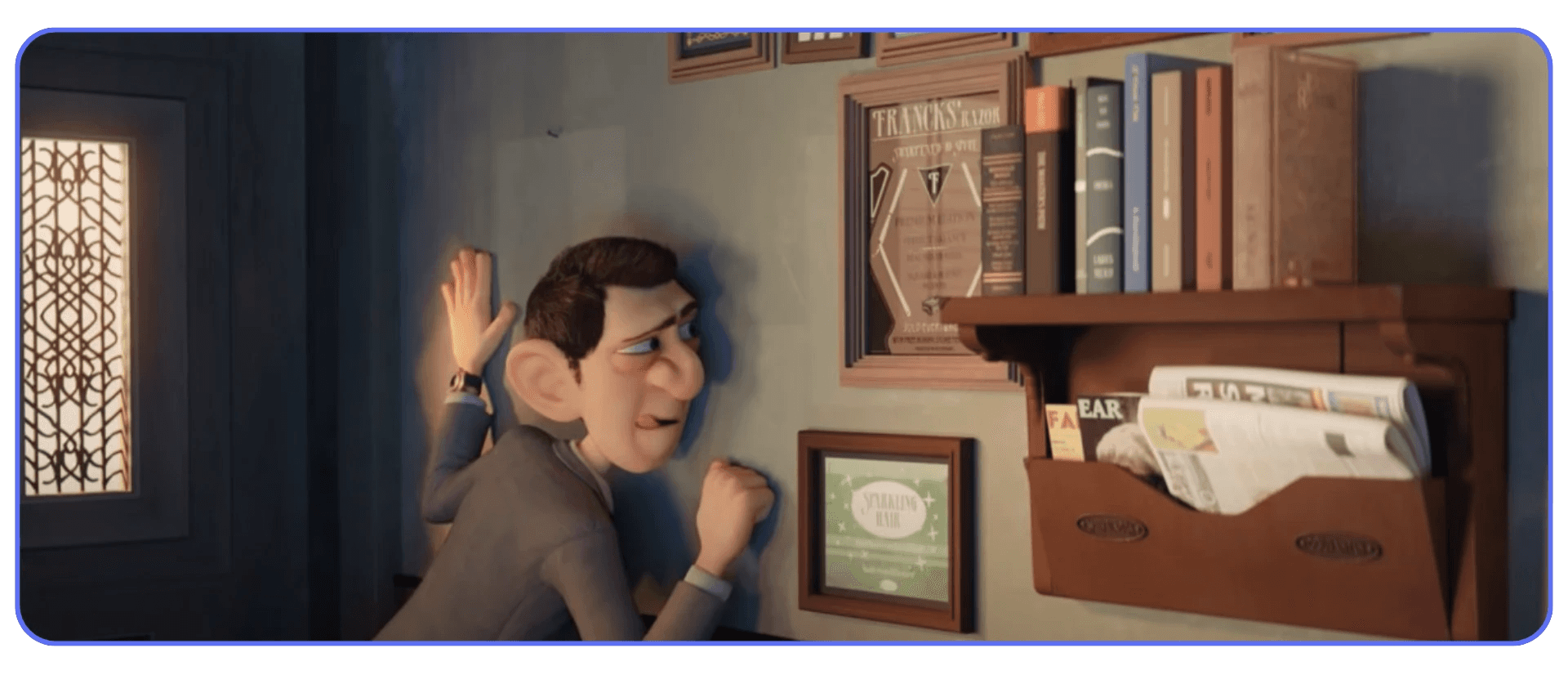 Agent 327 Blender short film scene showing a spy character hiding inside an apartment