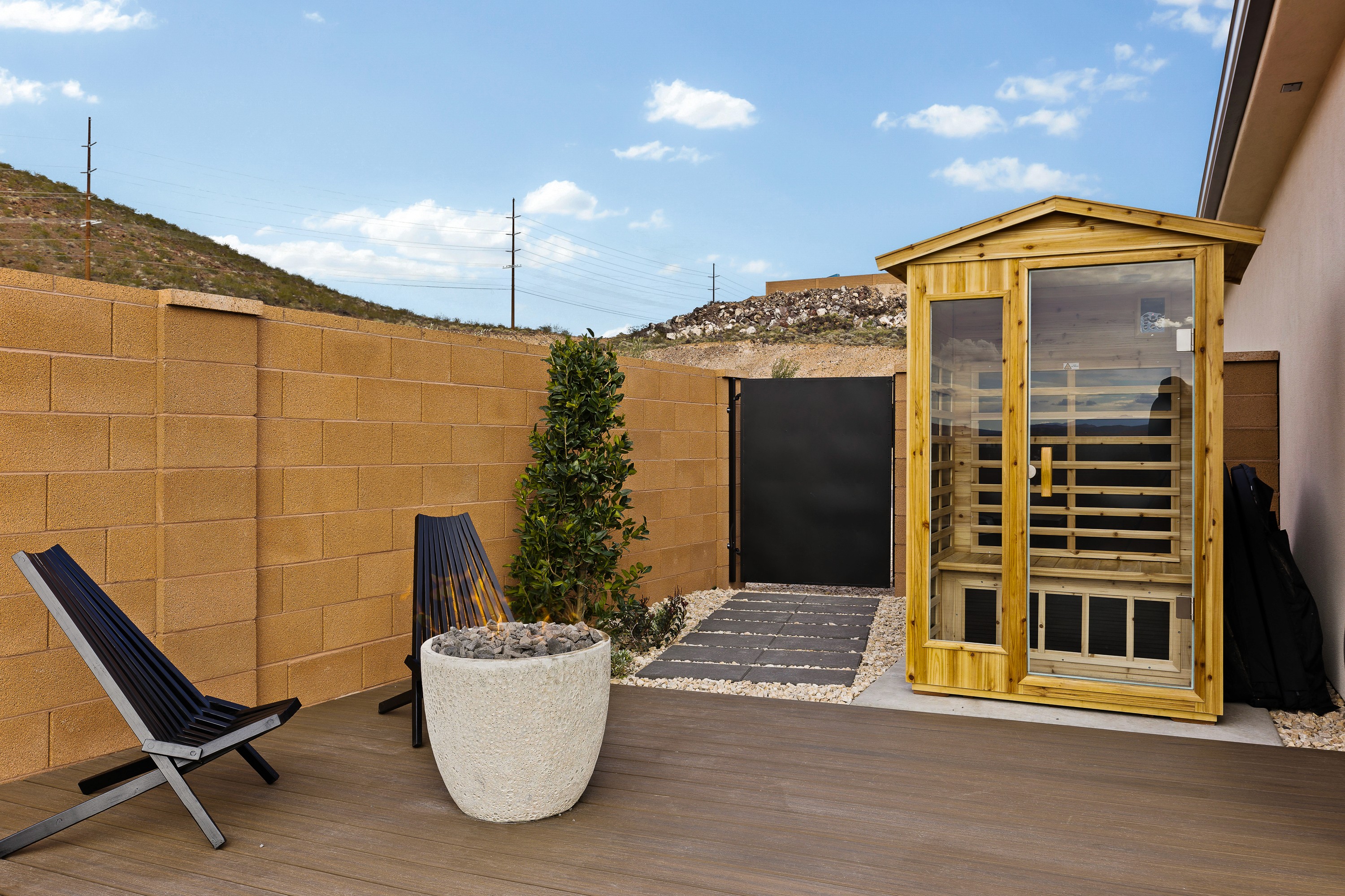 32. Outdoor sauna at the BYSO House in Hurricane, Utah, designed for relaxation and wellness in the backyard.