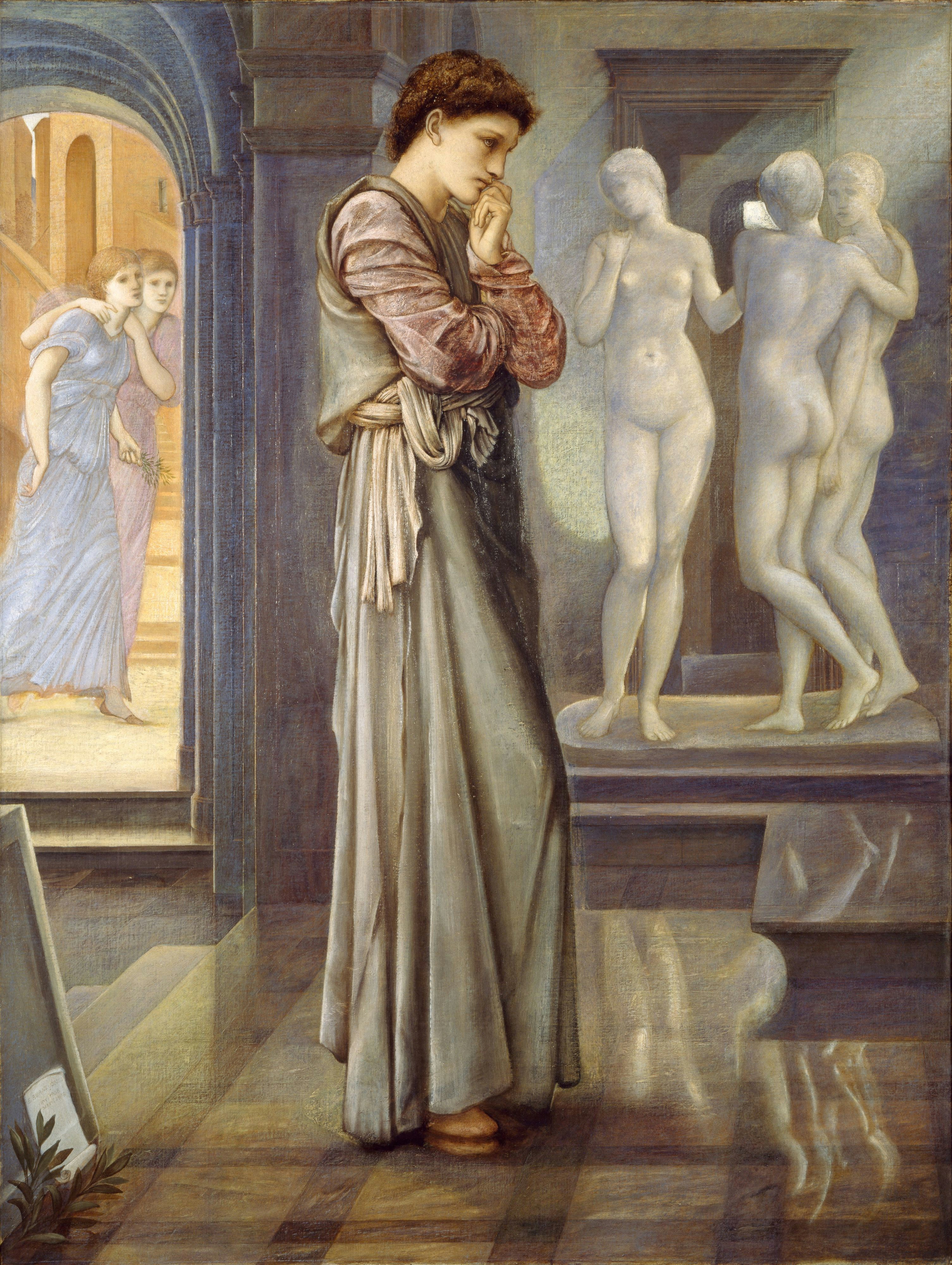 A thoughtful figure stands in a classical setting, surrounded by sculptures and soft light.
