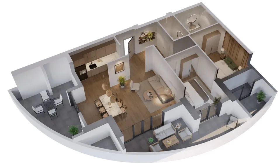 Open 2BR apartment with dining, kitchen, and multiple outdoor spaces.