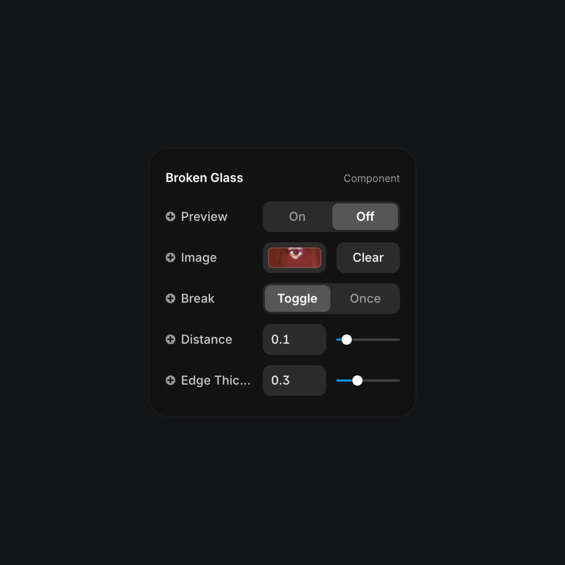Broken glass effect interface with image preview controls