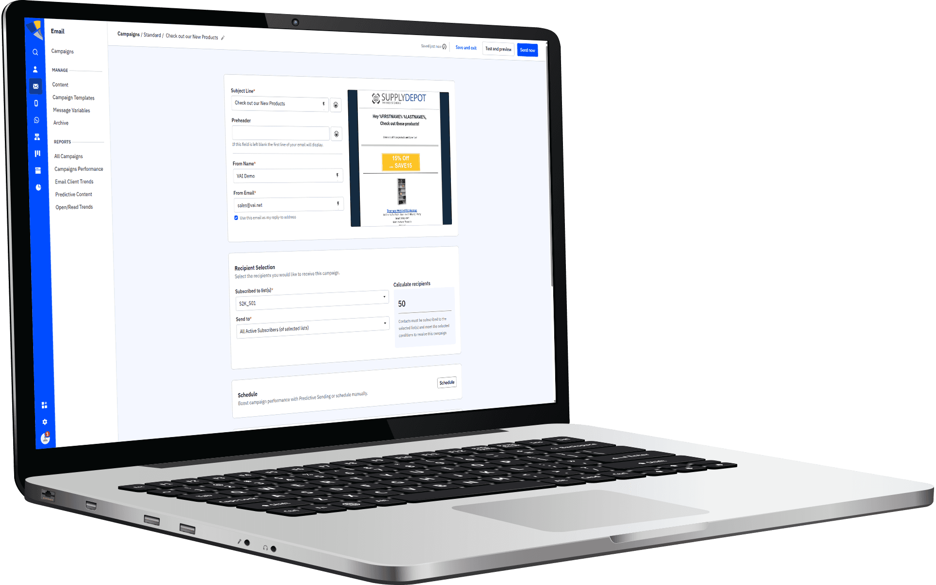 A laptop displaying a web application interface with multiple fields and a submit button.