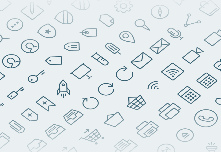 Isometric grid of the scalable line-style Icon System, displaying eight rows of custom icons on a very light green background.
