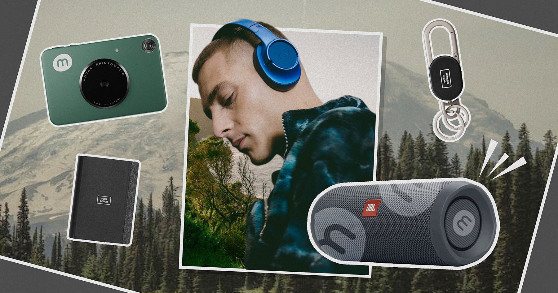 Merktechnologie cadeaucollectie met camera, draadloze koptelefoon, speaker, sleutelhanger en notitieboek.