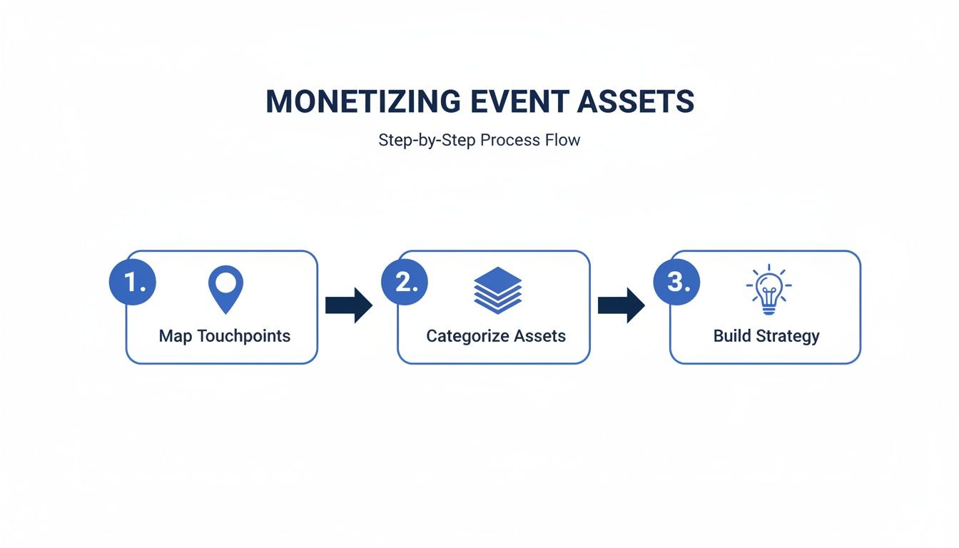 A three-step process flow for monetizing event assets: map touchpoints, categorize assets, build strategy.
