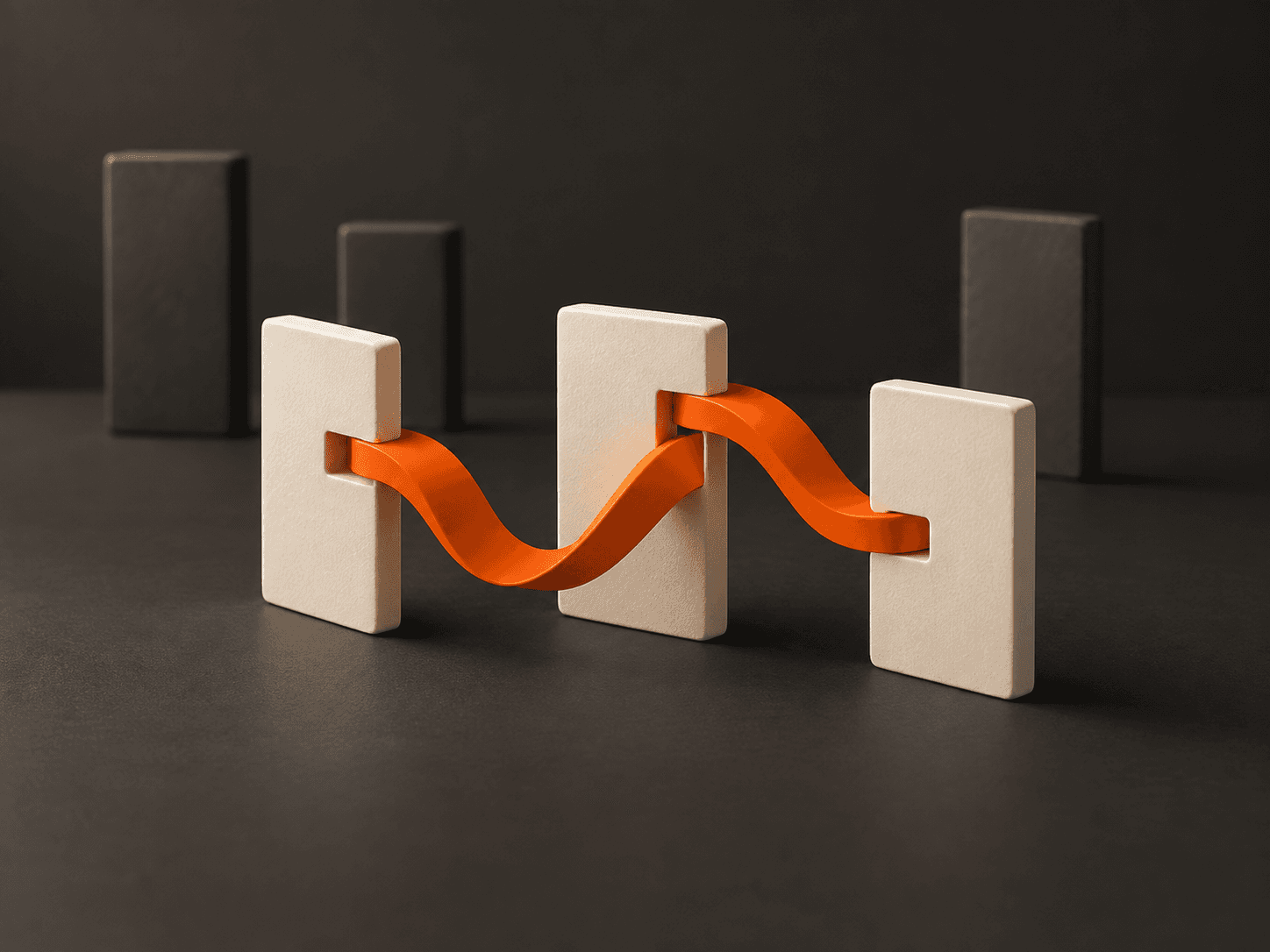 Illustration of cream panels connected by an orange path against a charcoal background.