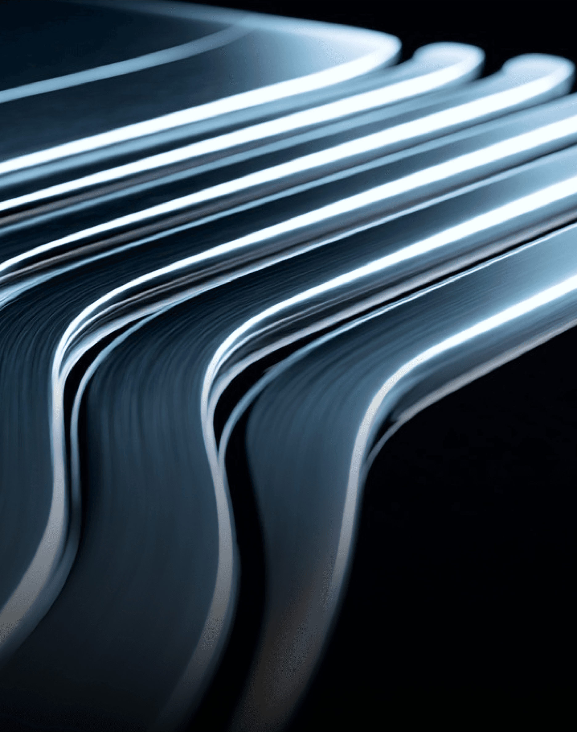 Flowing metallic ribbons in parallel waves, evoking precision and structured movement over a black backdrop.