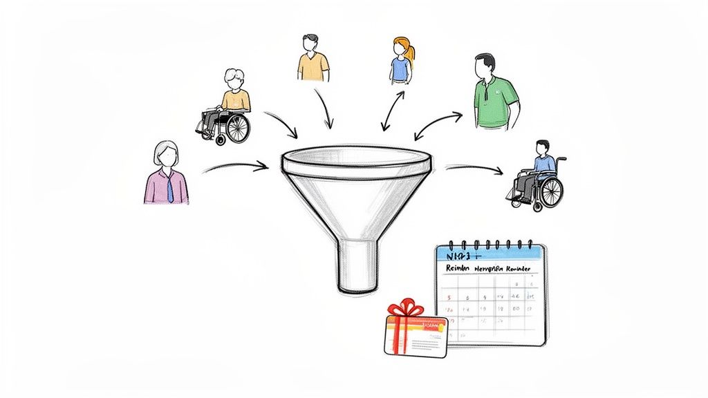Diverse participants flow into a funnel, resulting in a calendar reminder and a gift card.