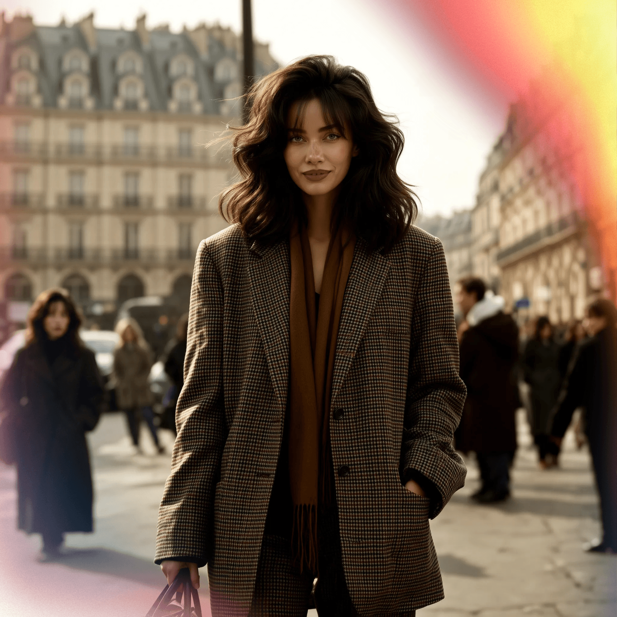 KI-Model in kariertem Mantel und braunem Schal steht in urbaner Szenerie und strahlt stilvollen City-Chic mit modischer, herbstlicher Eleganz aus.