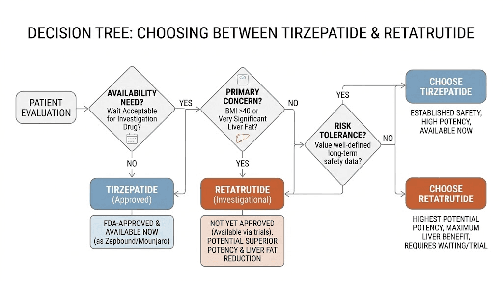 Decision flowchart for choosing retatrutide vs tirzepatide based on individual health factors