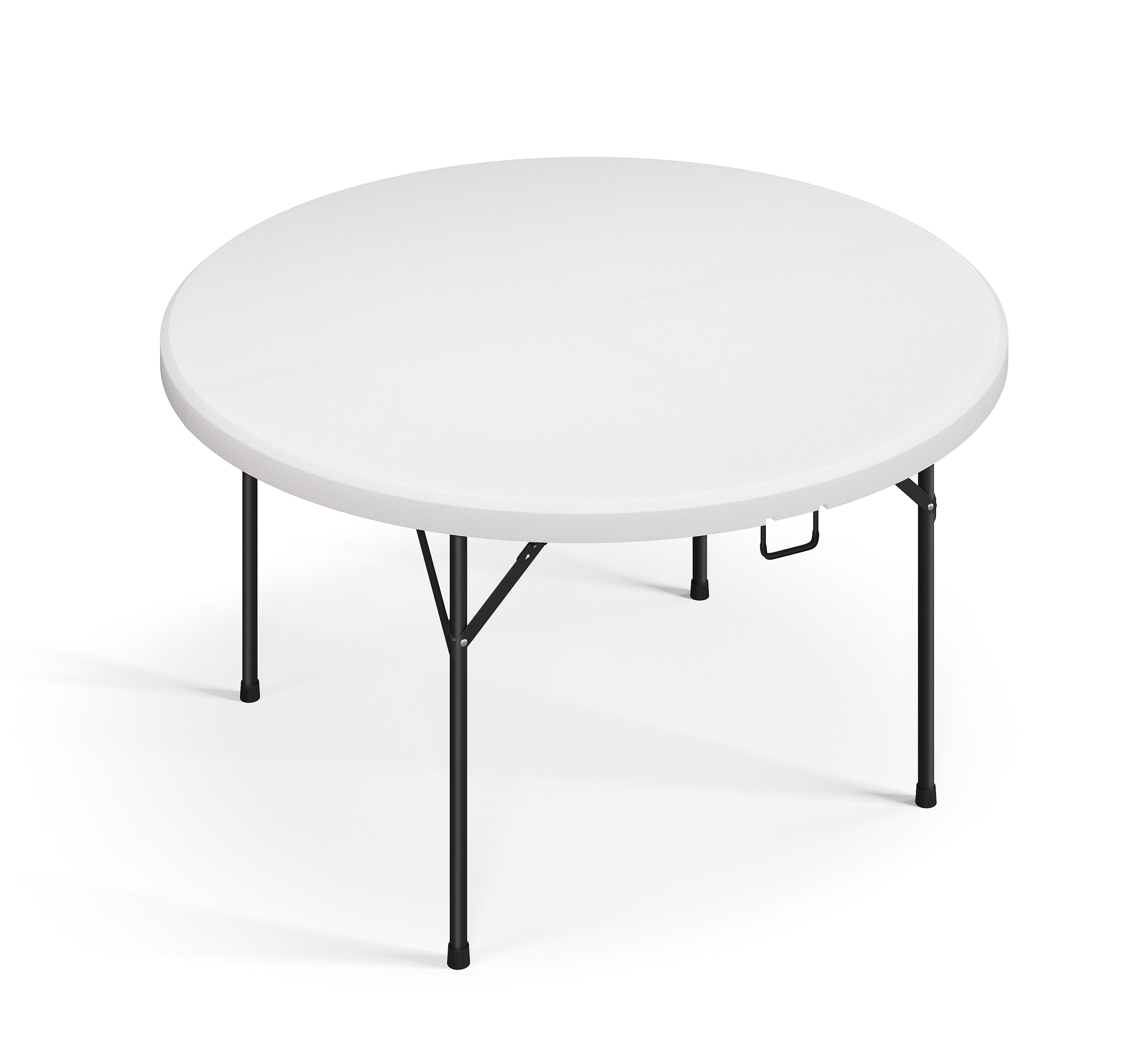 Round folding table with trestle legs in open position for event or commercial use