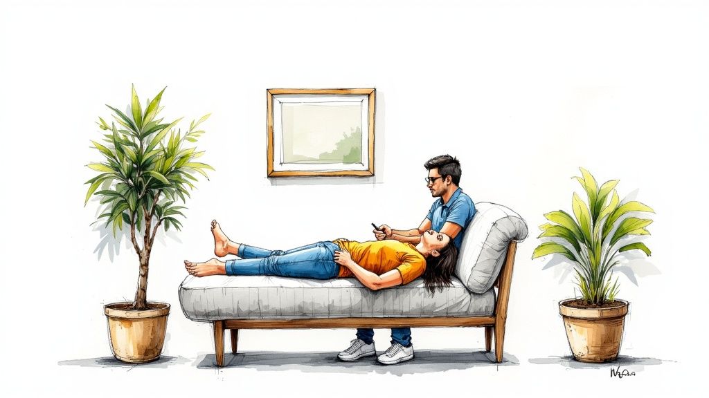 Person receiving a relaxing chair massage in a modern office environment.