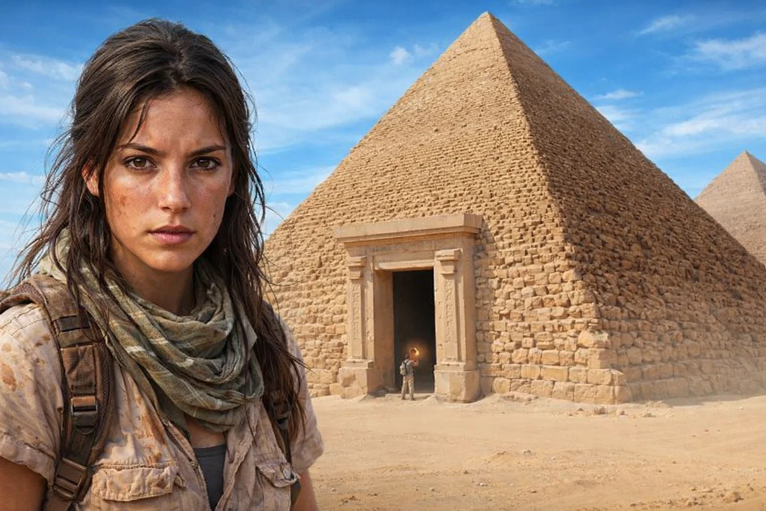Adventurous woman in desert stands before ancient Egyptian pyramids.