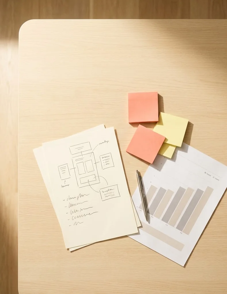 Wireframe sketches, sticky notes and a bar-chart printout on light wood