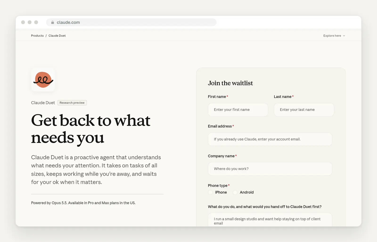 Produktseite von Claude Duet auf claude.com mit dem Formular zur Warteliste