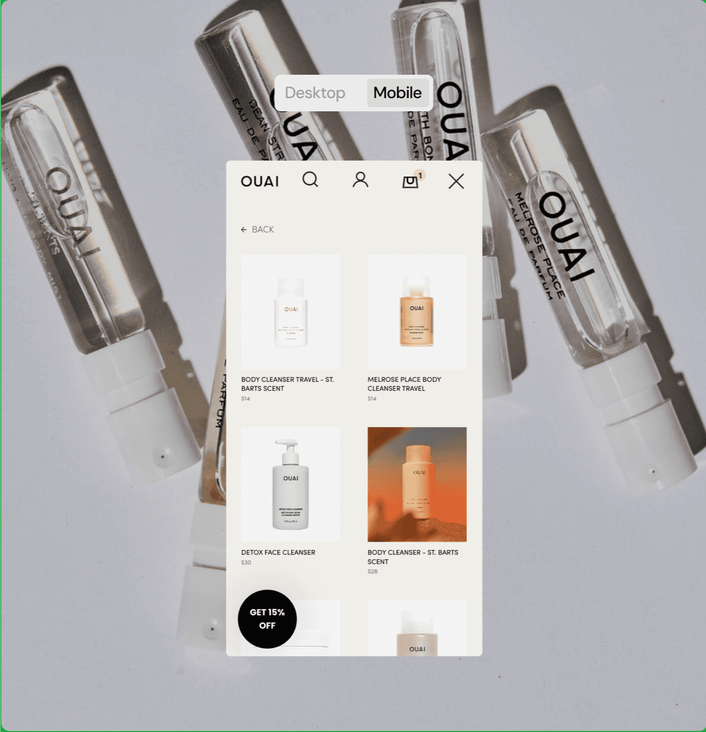 mockup showing the UI of a Beauty shop APP and actual products in the background