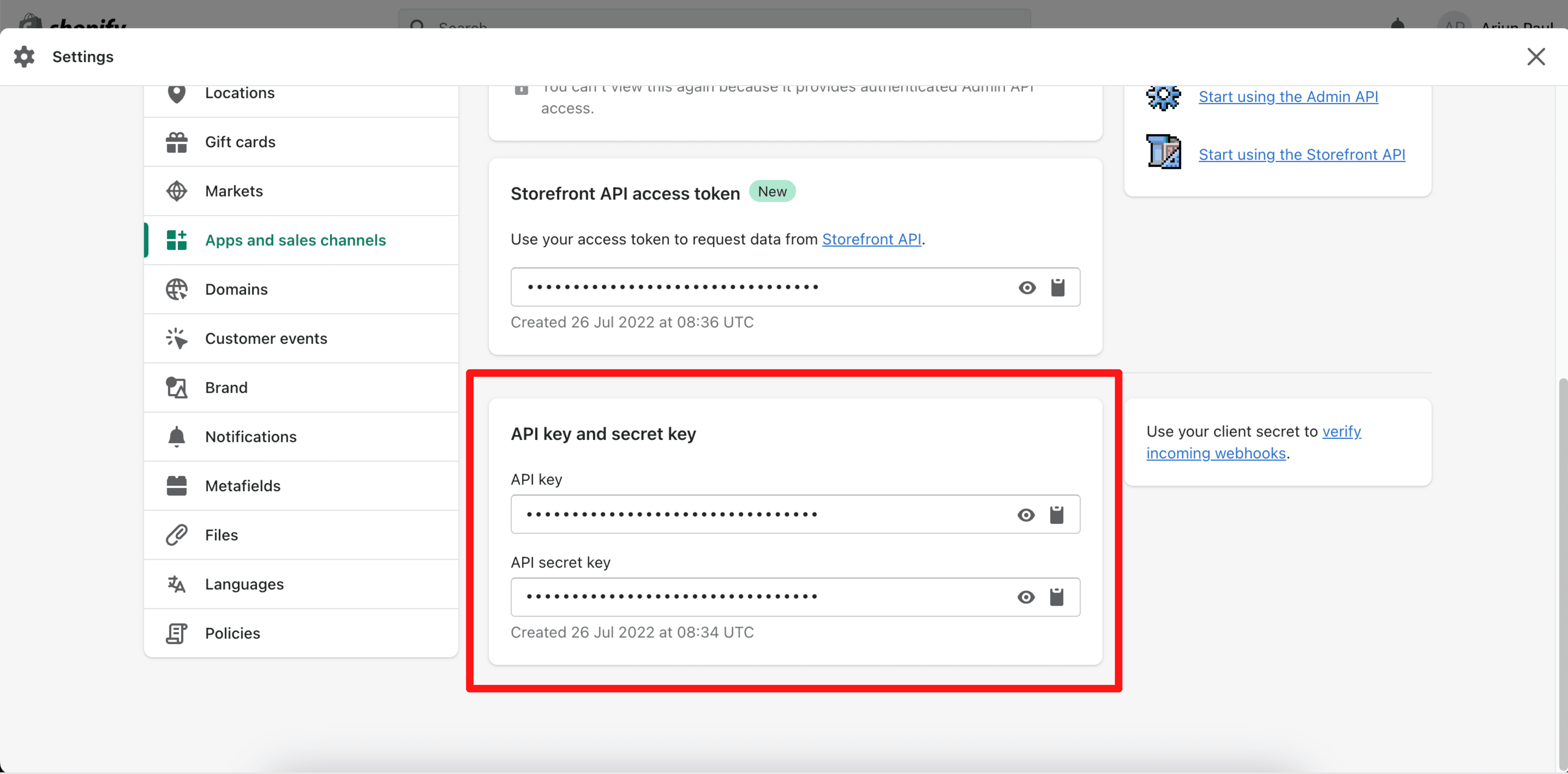 Pantalla de configuración de una app de Shopify con acceso a la Admin API