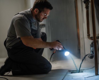 A person crouches on the floor, using a flashlight to inspect an area, likely for maintenance or repairs.