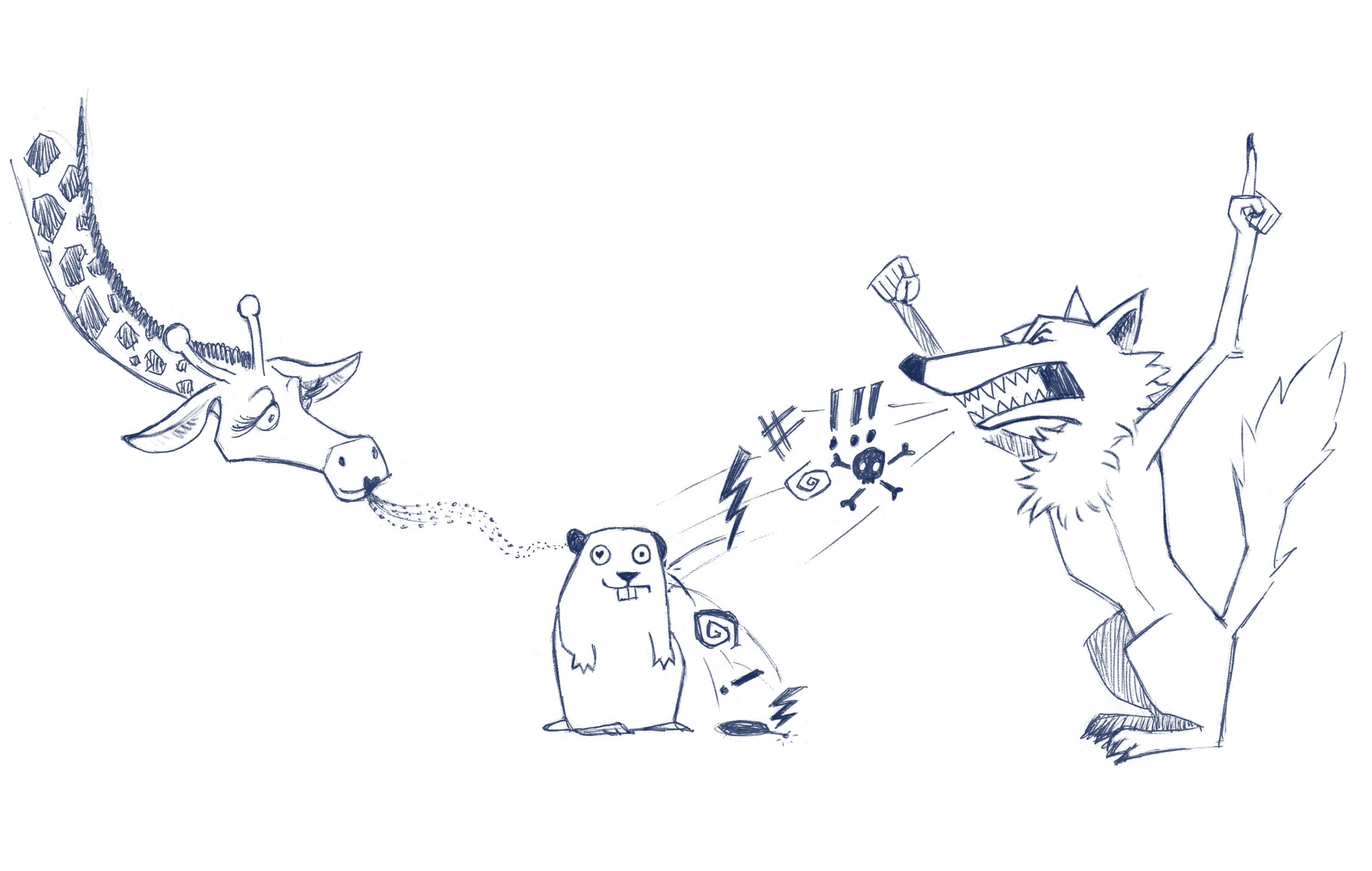 Skizze: Giraffe, Murmeltier und wütender Wolf mit Ausrufezeichen und Symbolen. Schwarz-Weiß Illustration.