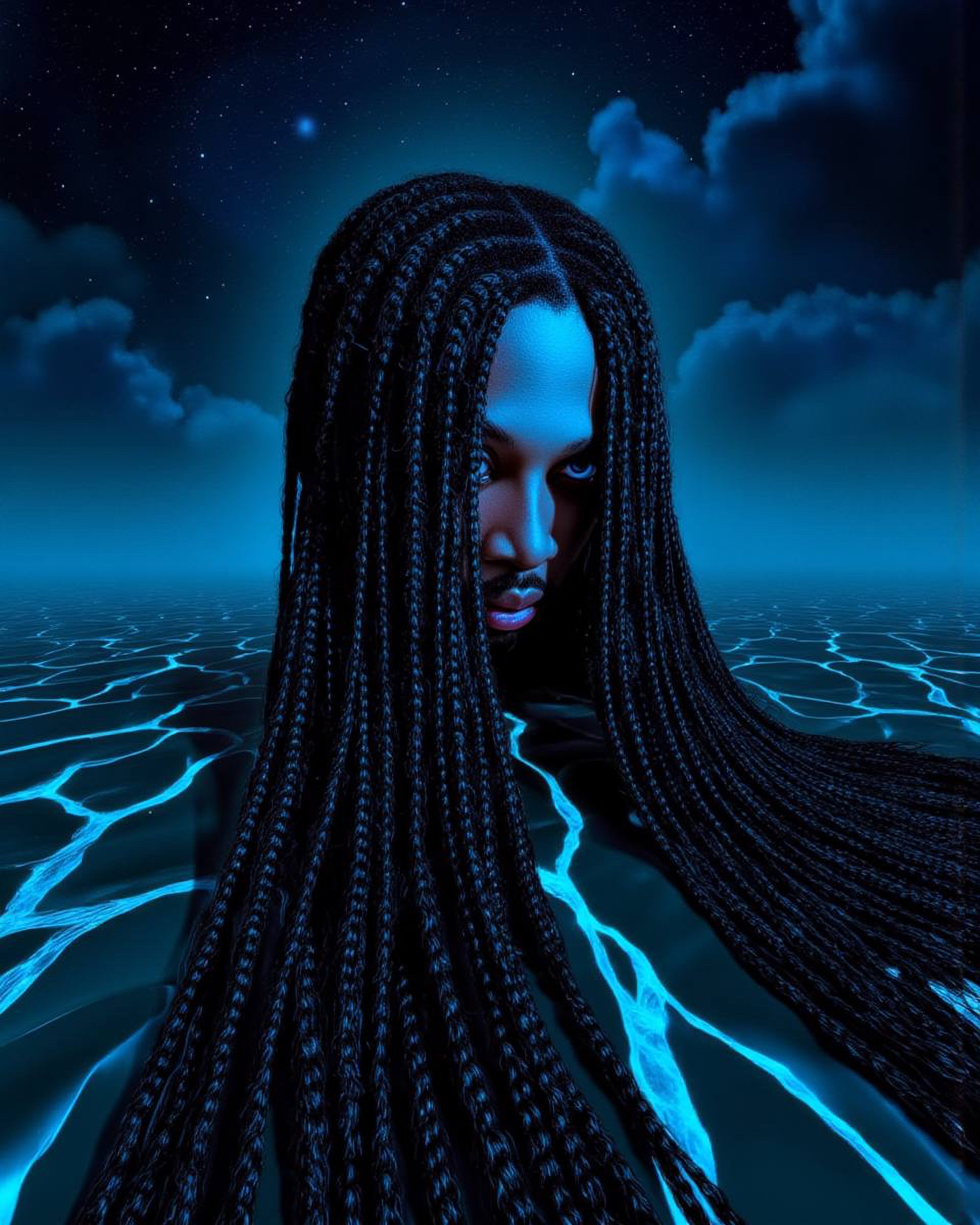 Portrait of BLCKBUTTERFLY in a blue surreal environment