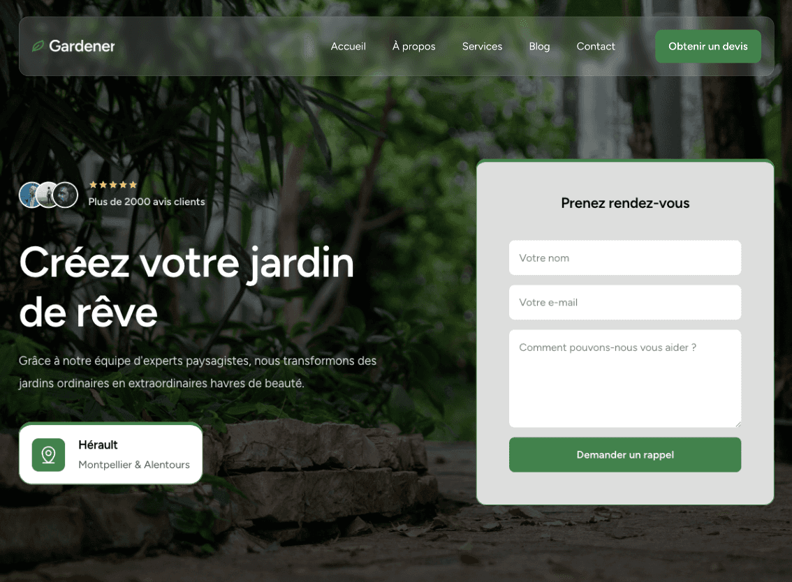 Site web paysagiste Montpellier créé par Weby Studio. Design vert avec formulaire de contact pour générer des devis.