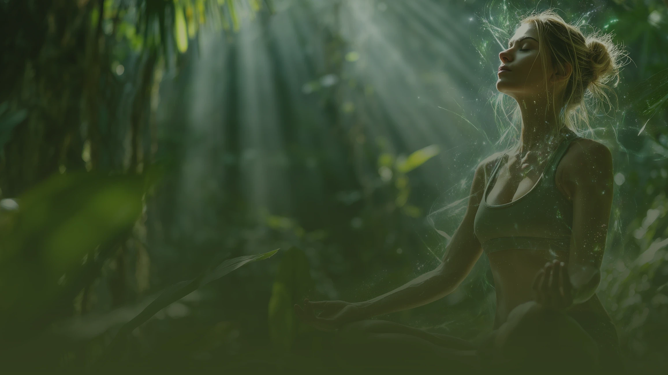 Woman meditating in a forest with sunlight rays in a calm yoga setting