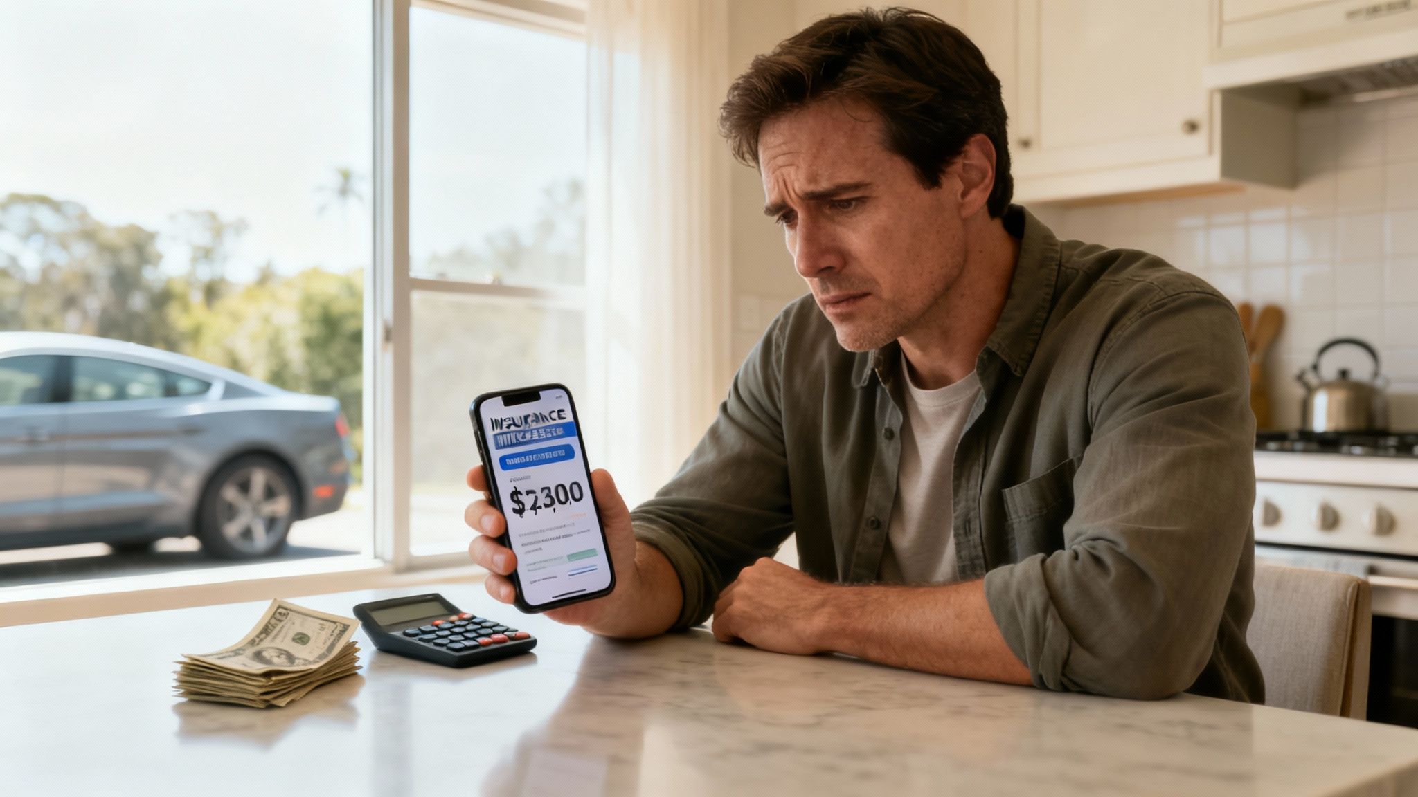 A concerned man looking at his smartphone showing a high car insurance premium with money and calculator.