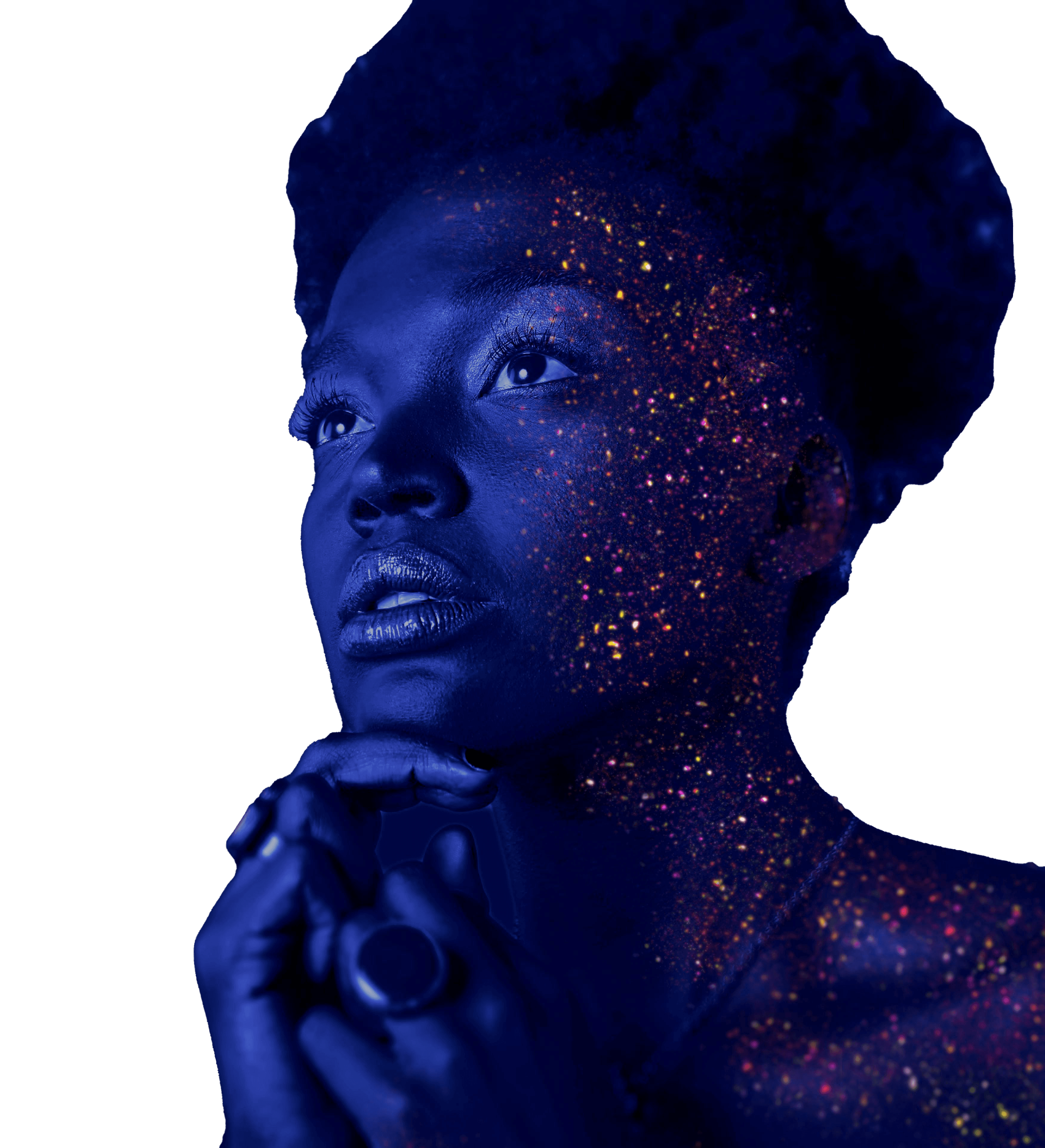 Portrait of a woman with colorful light patterns on her face, representing creativity and achievements in design