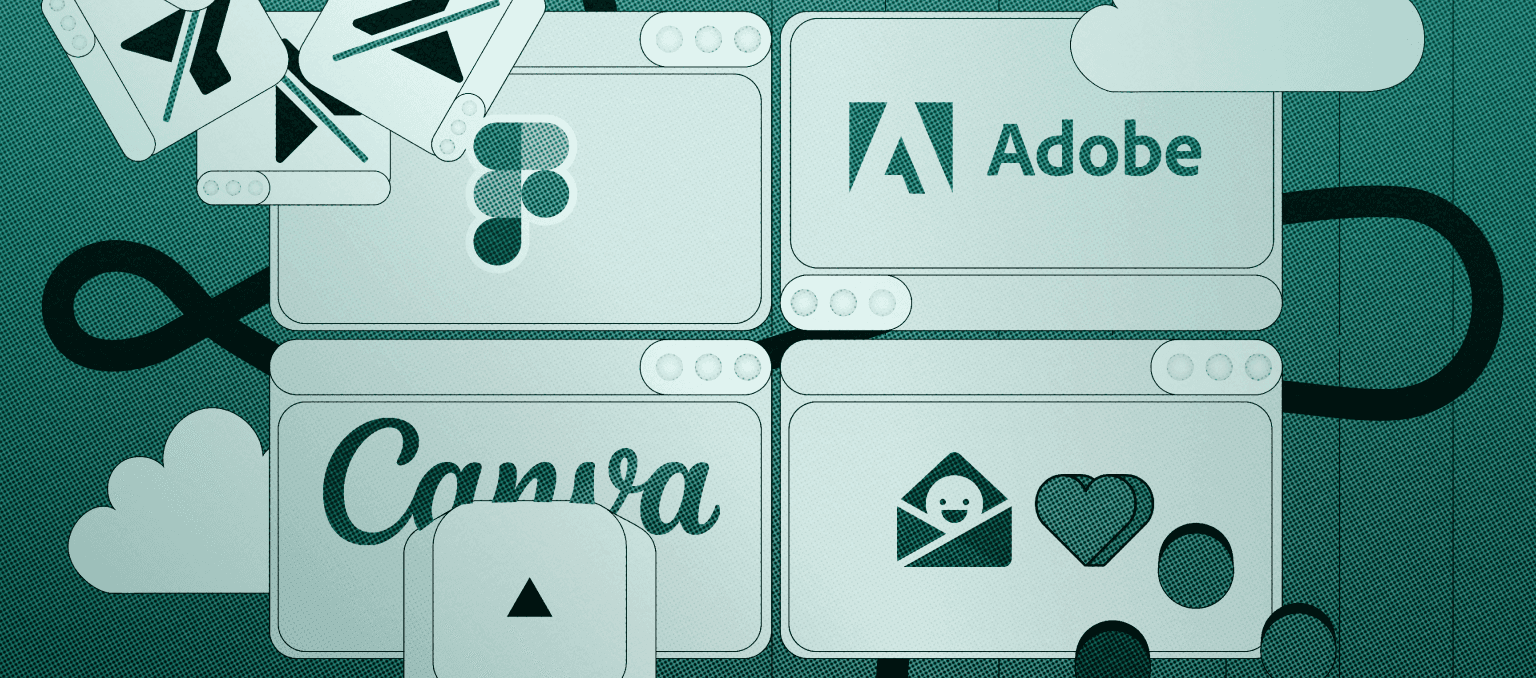 Connected panels displaying Adobe, Figma, and Canva logos alongside email icons.