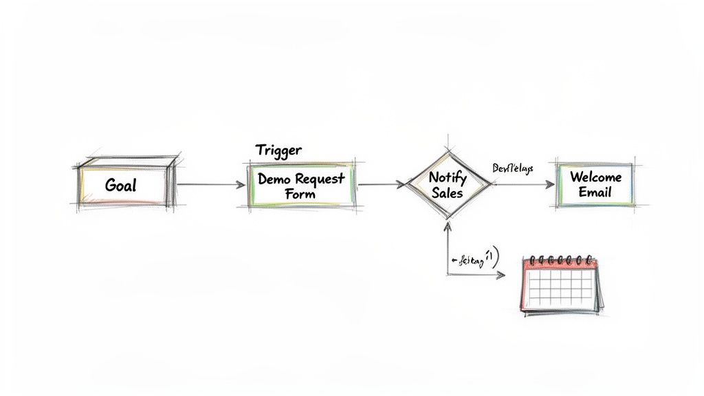 A hand-drawn workflow diagram outlining a demo request process, including sales notification and welcome email.