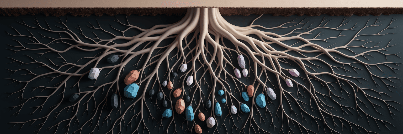 Interconnected glowing roots of different materials