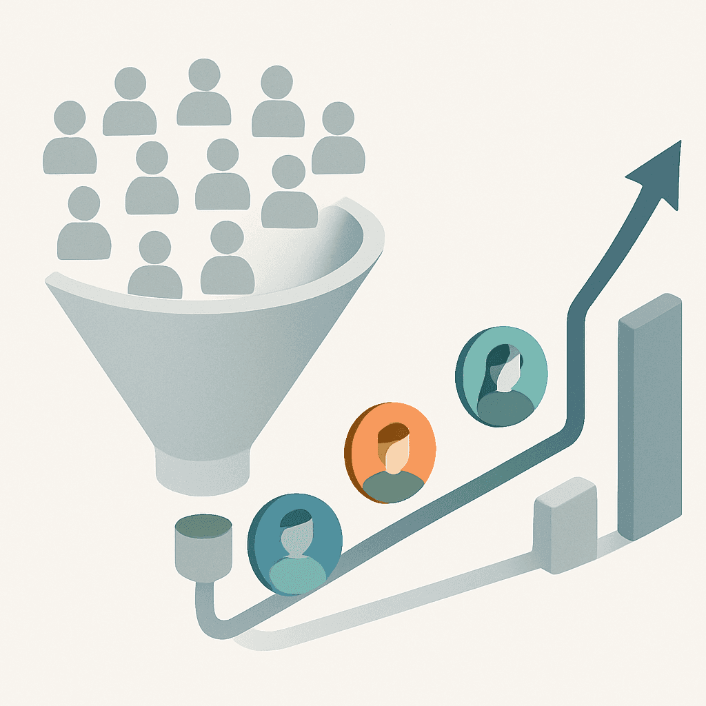 Flow graphic turning anonymous visitors through a funnel into qualified leads and an upward revenue pipeline arrow