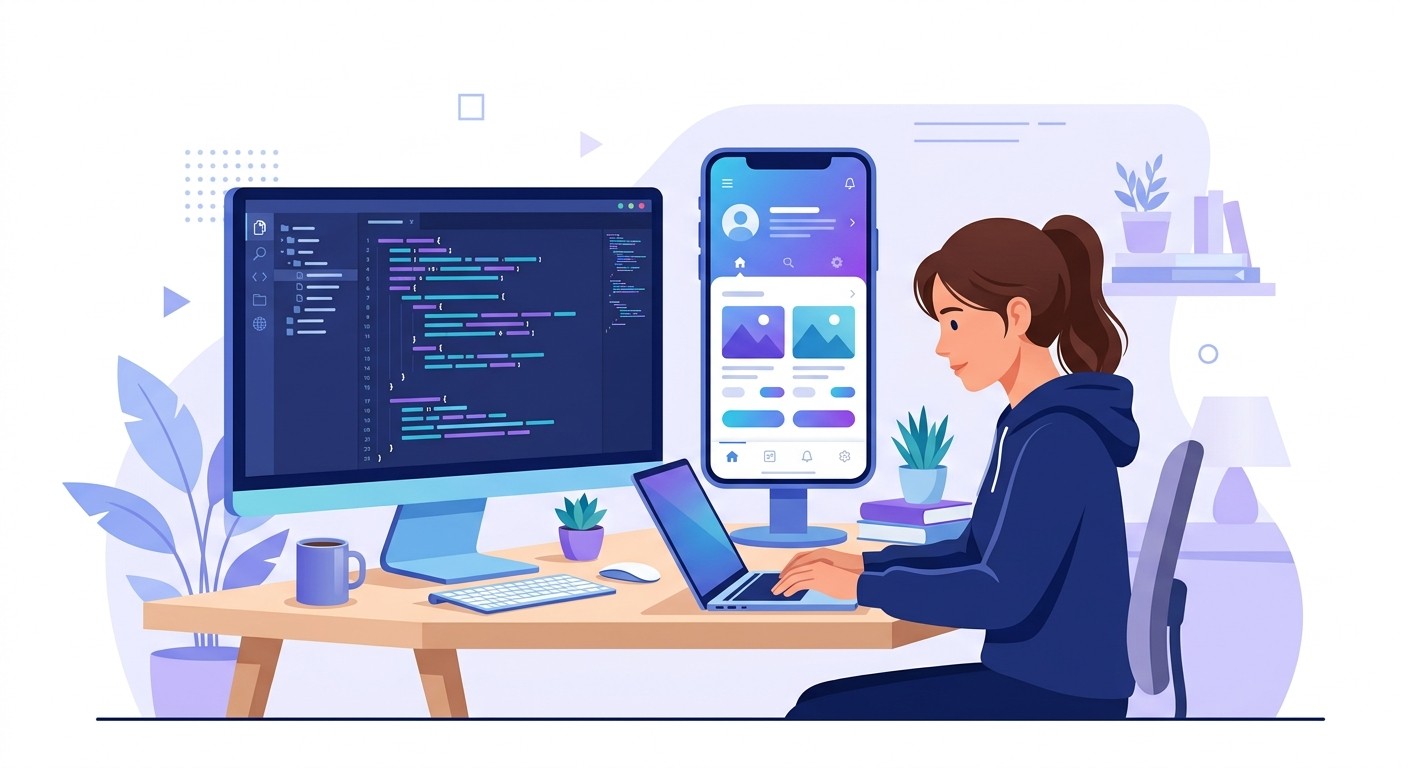 Developer coding a mobile application with a code editor on one screen and a phone preview on another