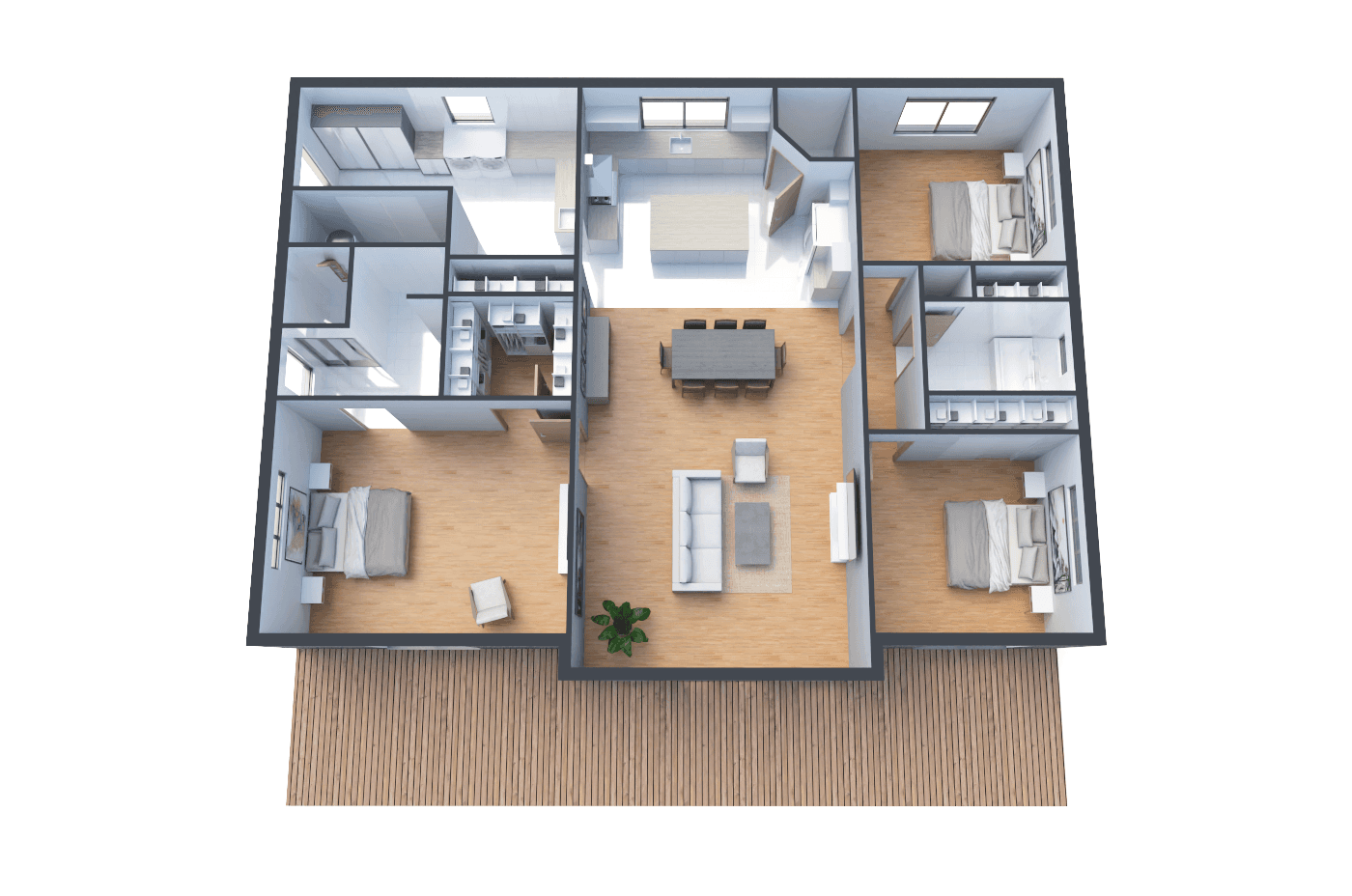 3D view of a three-bedroom house with an open layout, emphasizing seamless indoor-outdoor living with a spacious terrace and elegant interiors.