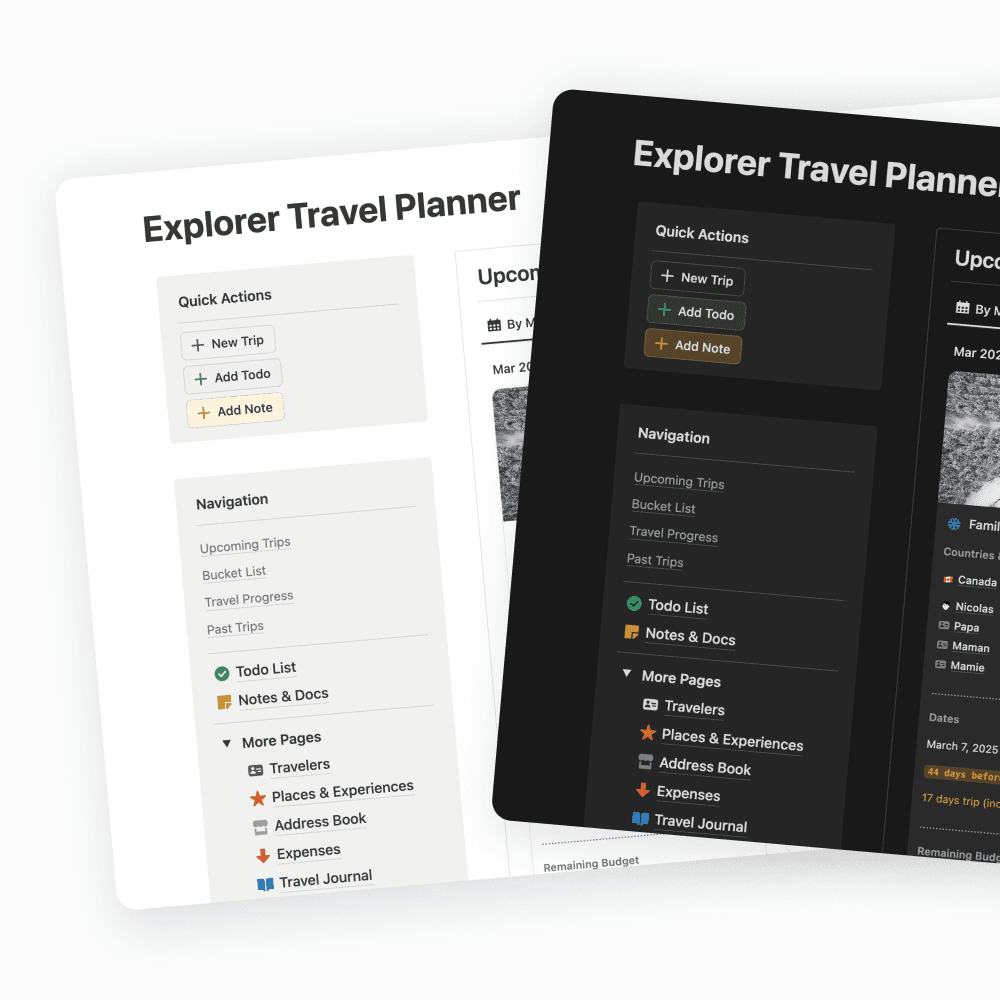 The Explorer Travel Planner home page shown with both light and dark background