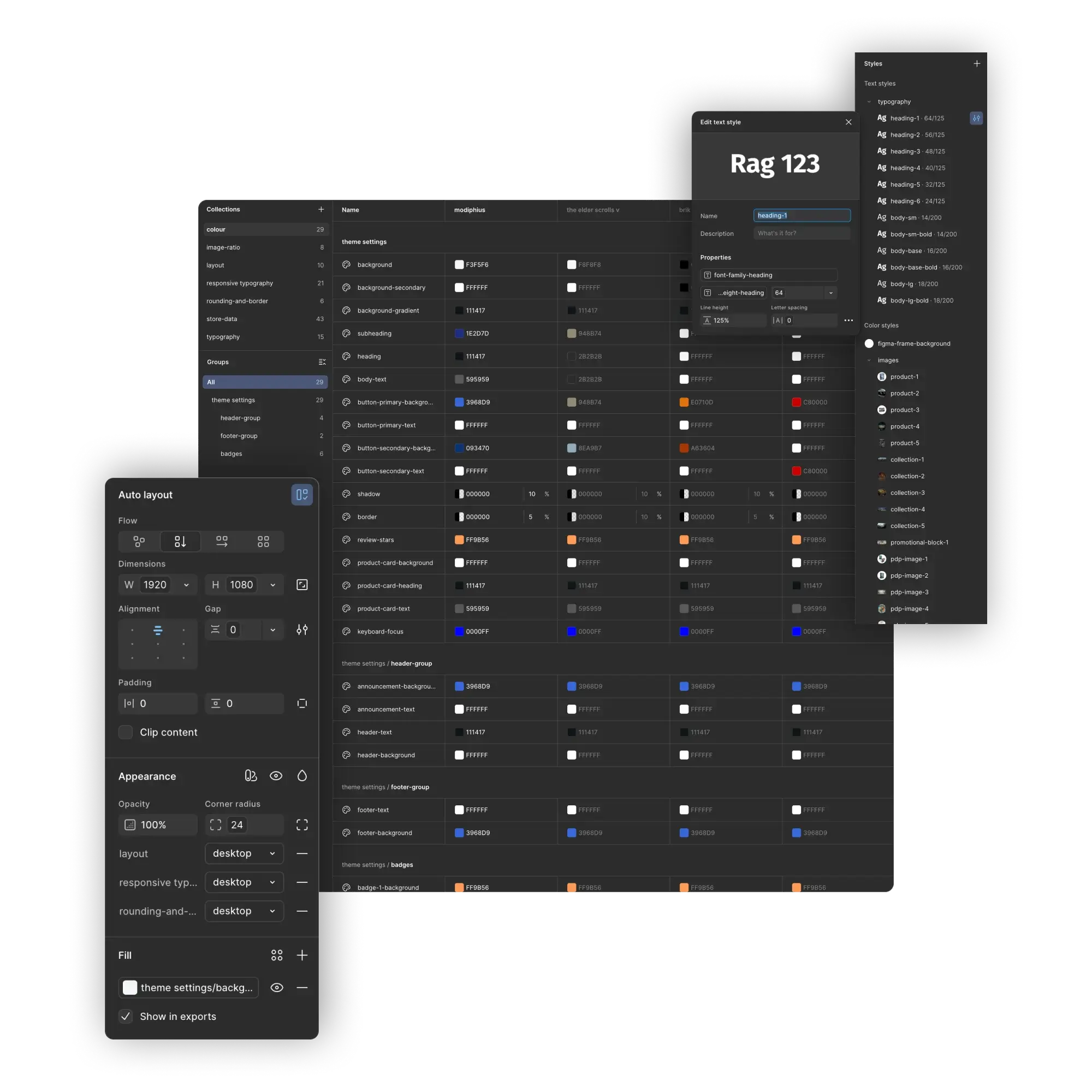 Developer handoff example, showing detailed figma variables setup, linked to components and responsive designs.