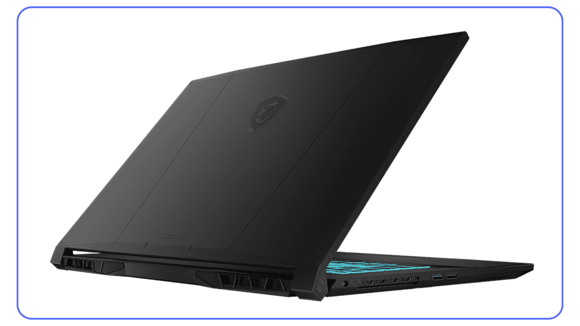 MSI gaming laptop rear view – black MSI laptop partially open, showcasing angular design, cooling vents, and illuminated keyboard.