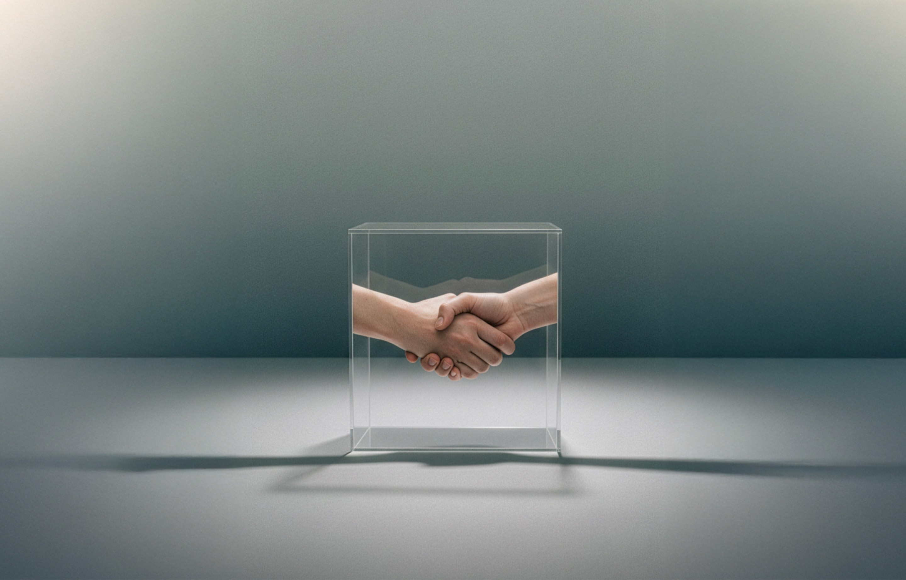 handshake in a glass cube, futuristic