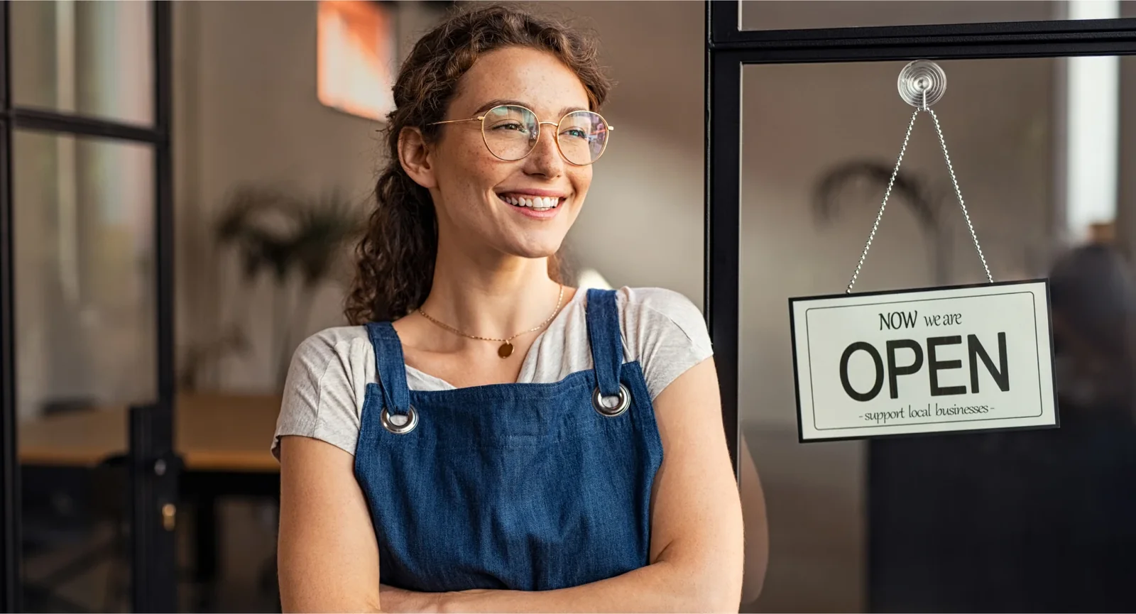 Smiling woman in denim apron stands beside glass door with "NOW we are OPEN" sign inside small business.