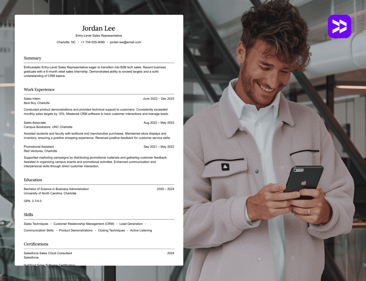 Sales representative CV example in professional office setting