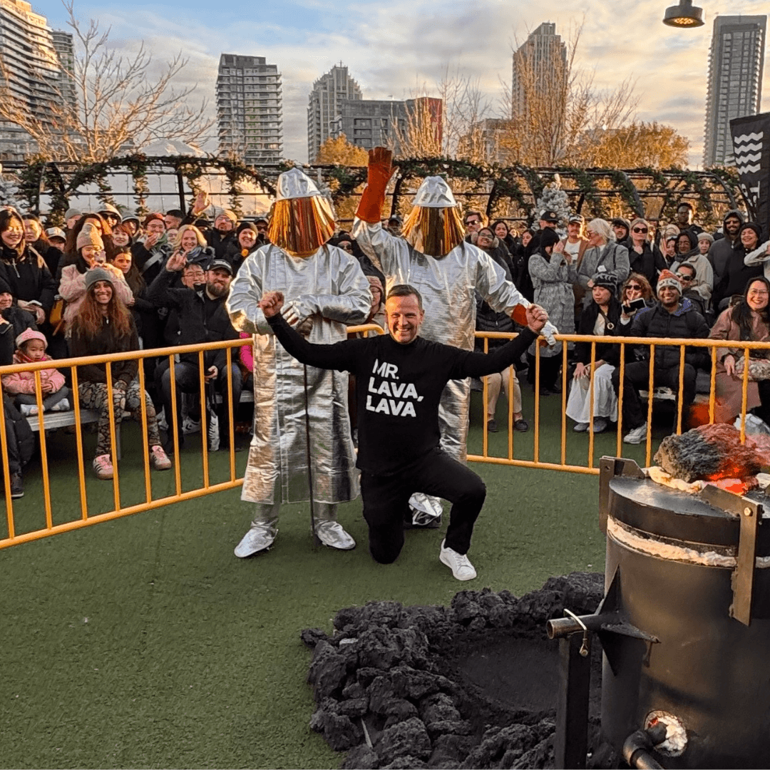 Júlíus Ingi Jónsson, Mr. Lava Lava, celebrates with two lava melters at the Taste of Iceland event in Toronto in 2025.
